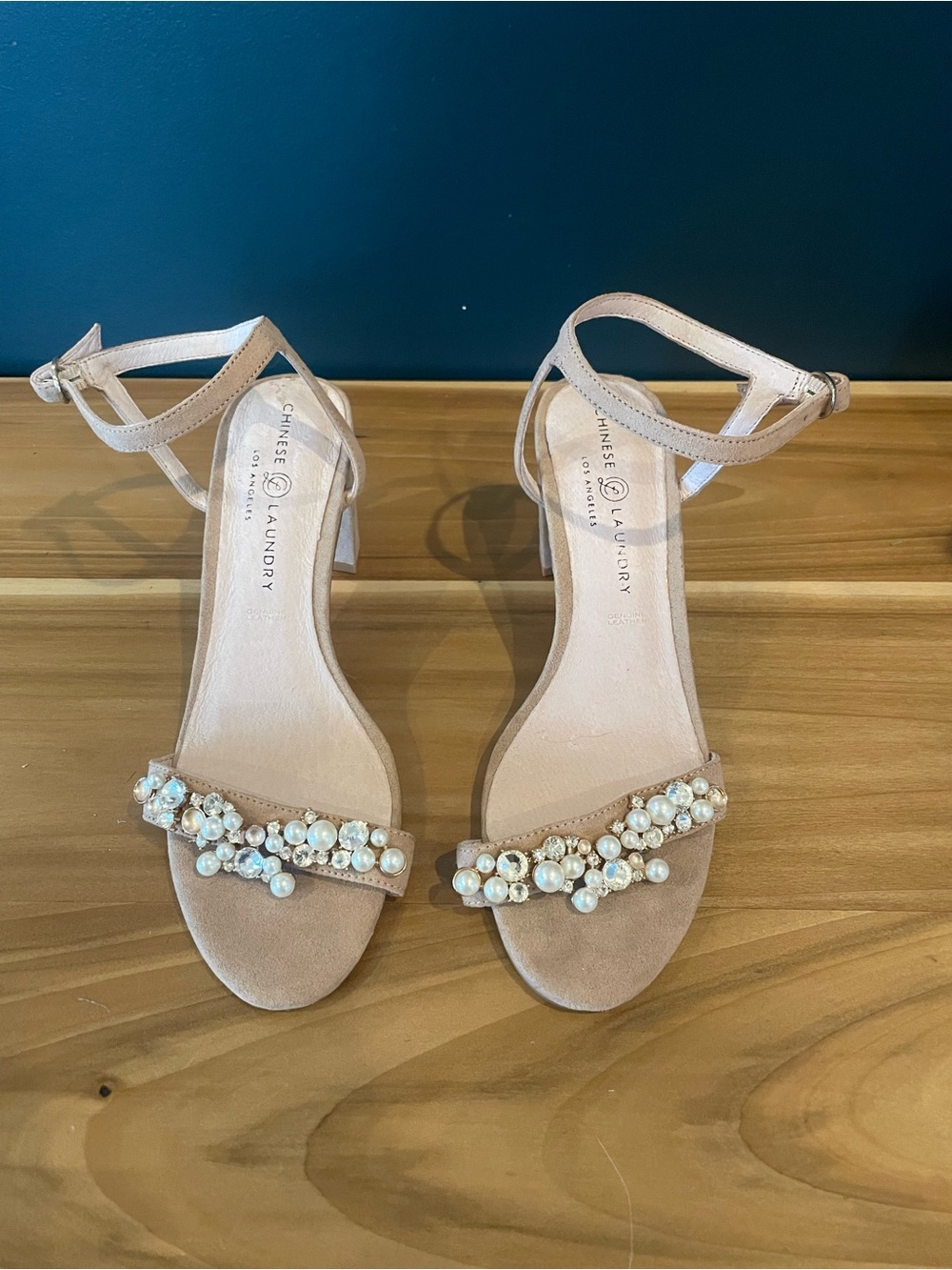 Chinese Laundry Beige Pearl-Embellished Ankle-Strap Heels